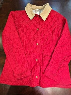 Barbour Dress Tartan Quilted Jacket Women’s 12 Red Corduroy Collar Made in Engla